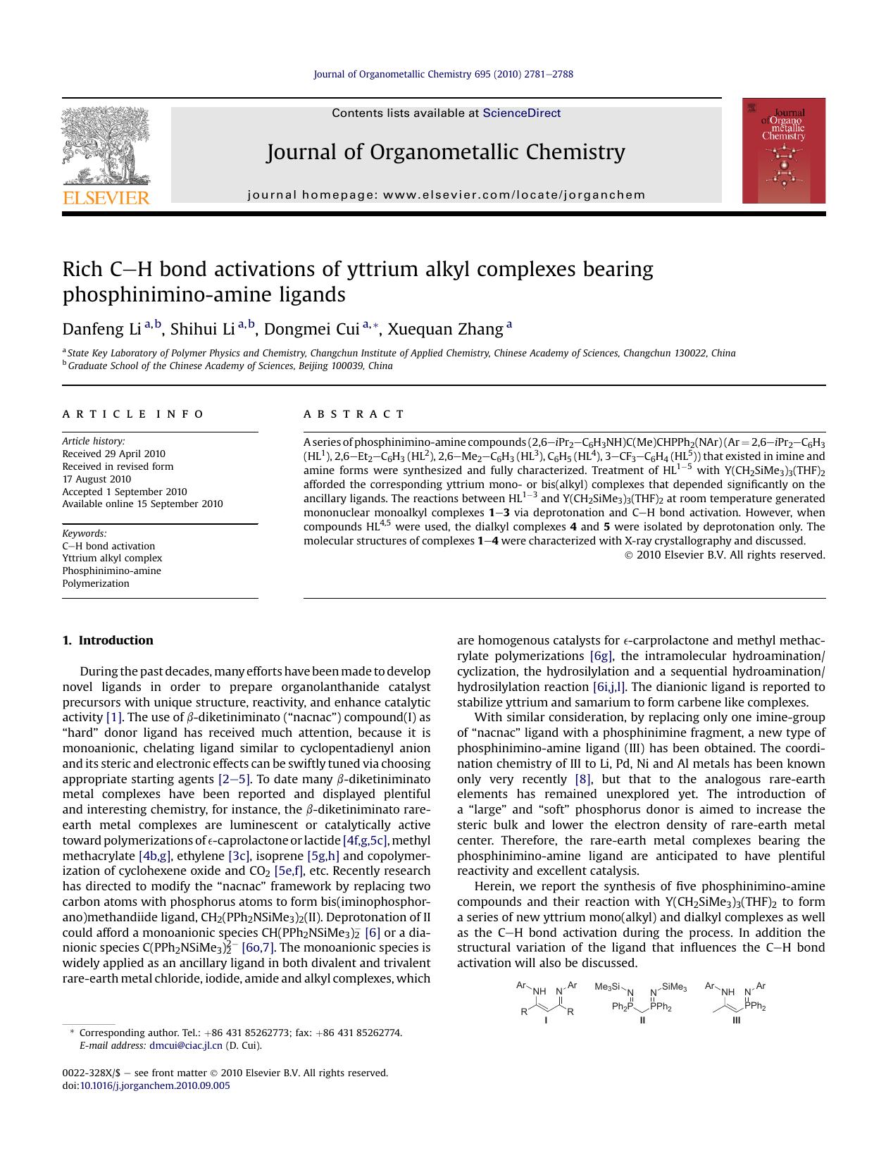 Rich C–H bond activations of yttrium alkyl complexes bearing phosphinimino-amine ligands by Danfeng Li & Shihui Li & Dongmei Cui & Xuequan Zhang