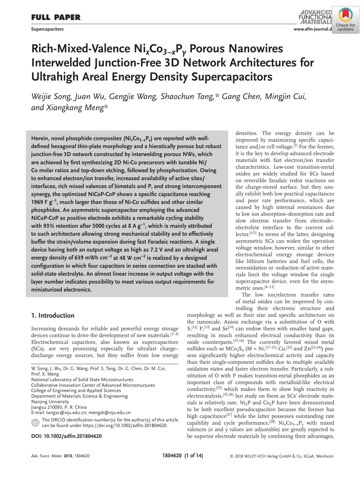 RichâMixedâValence NixCo3âxPy Porous Nanowires Interwelded JunctionâFree 3D Network Architectures for Ultrahigh Areal Energy Density Supercapacitors by Unknown