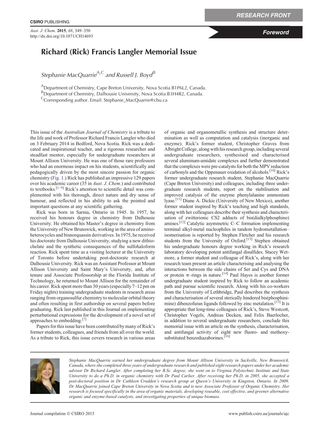 Richard (Rick) Francis Langler Memorial Issue by S. MacQuarrie and R. J. Boyd