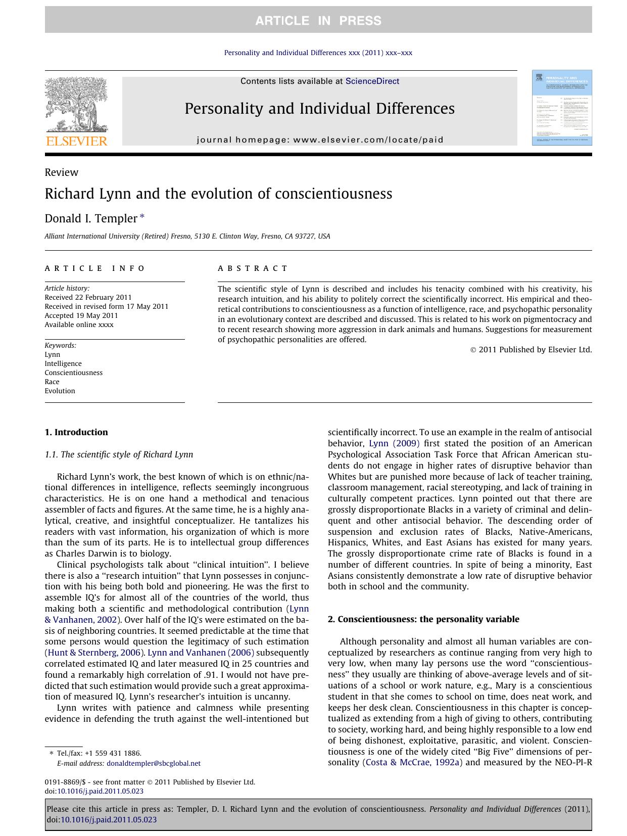 Richard Lynn and the evolution of conscientiousness by Donald I. Templer