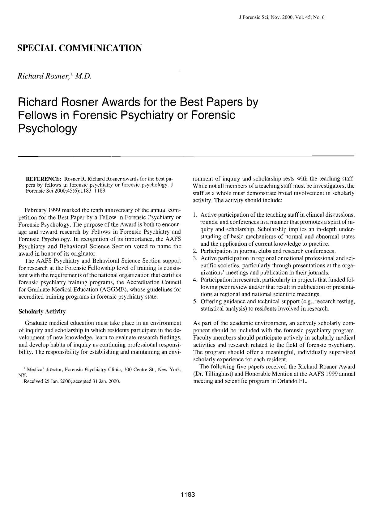 Richard Rosner Awards for the Best Papers by Fellows in Forensic Psychiatry or Forensic Psychology by Rosner R