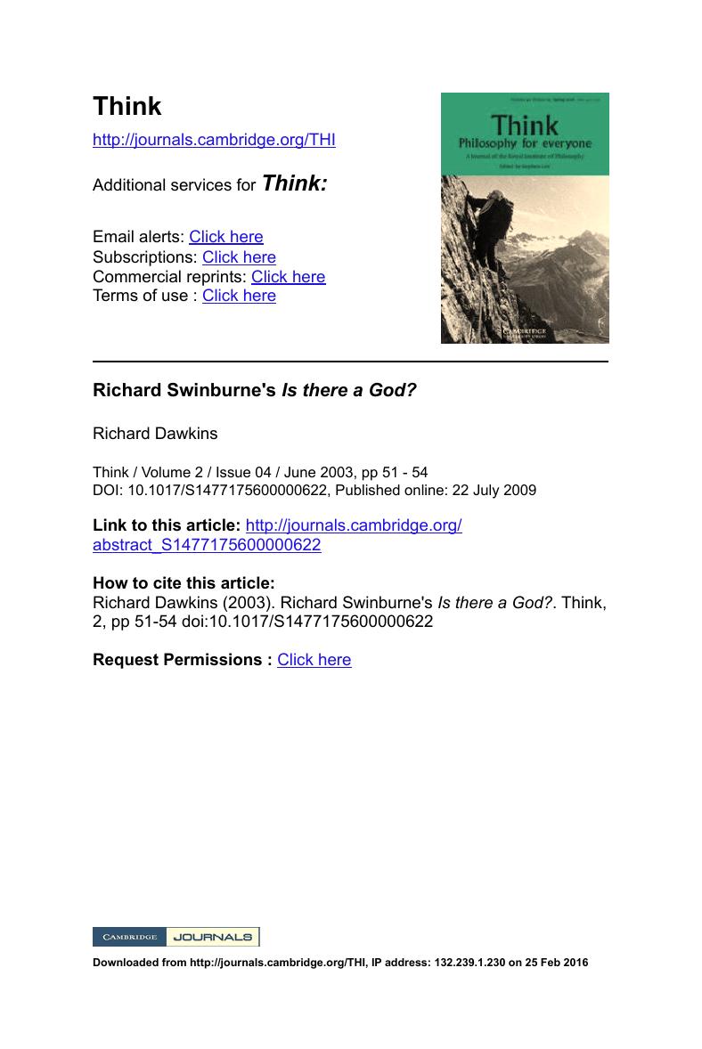 Richard Swinburne's Is there a God? by Richard Dawkins