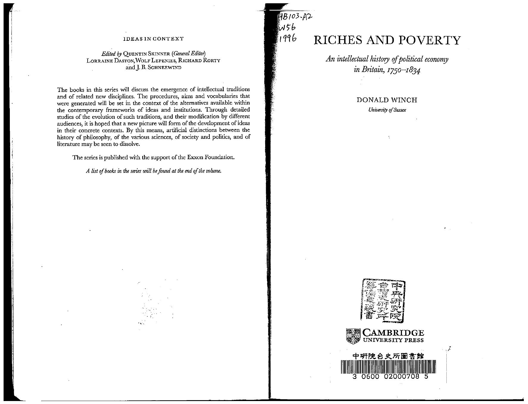 Riches and Poverty: An Intellectual History of Political Economy in Britain, 1750â1834 by Donald Winch