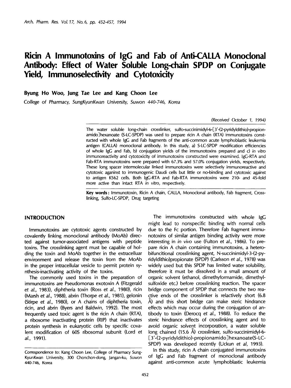 Ricin A immunotoxins of IgG and Fab of anti-CALLA monoclonal antibody: Effect of water soluble long-chain SPDP on conjugate yield, immunoselectivity and cytotoxicity by Unknown