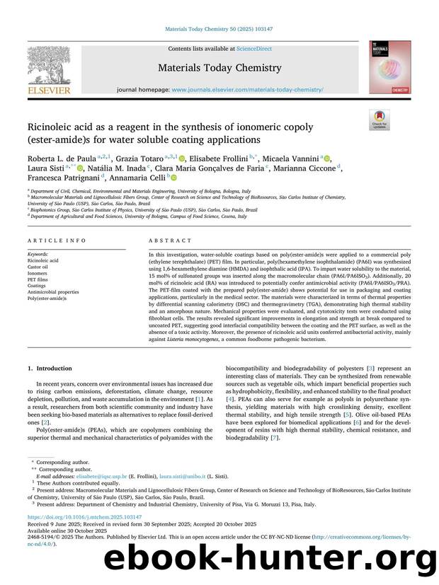 Ricinoleic acid as a reagent in the synthesis of ionomeric copoly(ester-amide)s for water soluble coating applications by unknow