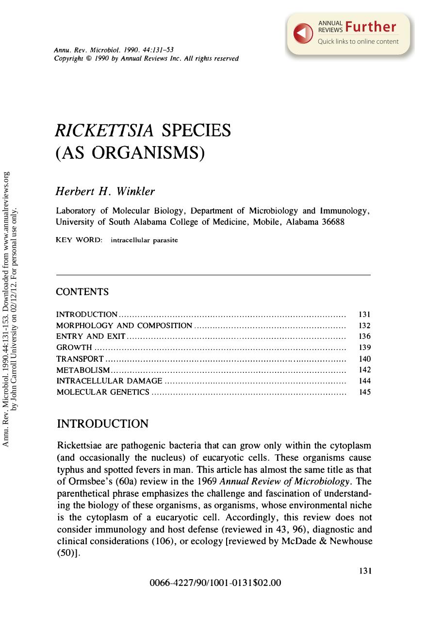 Rickettsia Species (As Organisms) by Herbert H. Winkler
