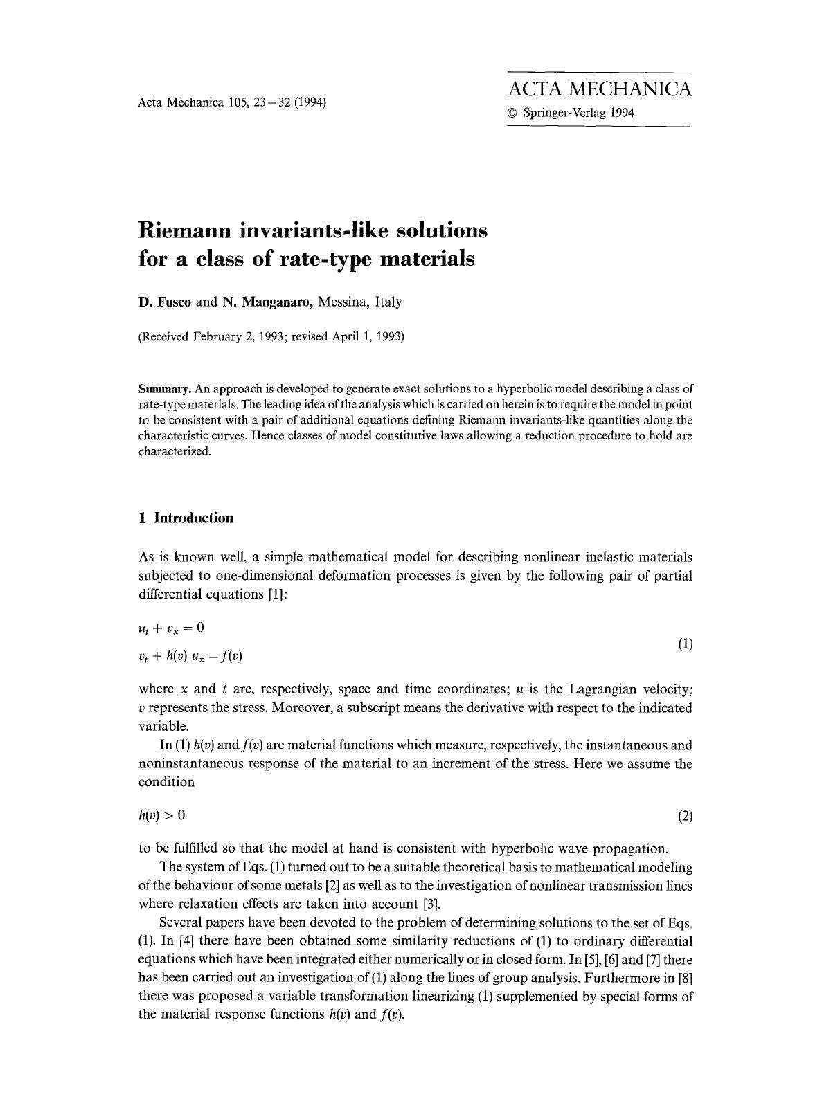 Riemann invariants-like solutions for a class of rate-type materials by Unknown
