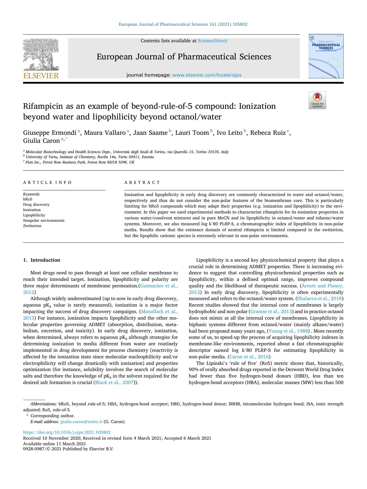 Rifampicin as an example of beyond-rule-of-5 compound: Ionization beyond water and lipophilicity beyond octanolwater by Giuseppe Ermondi