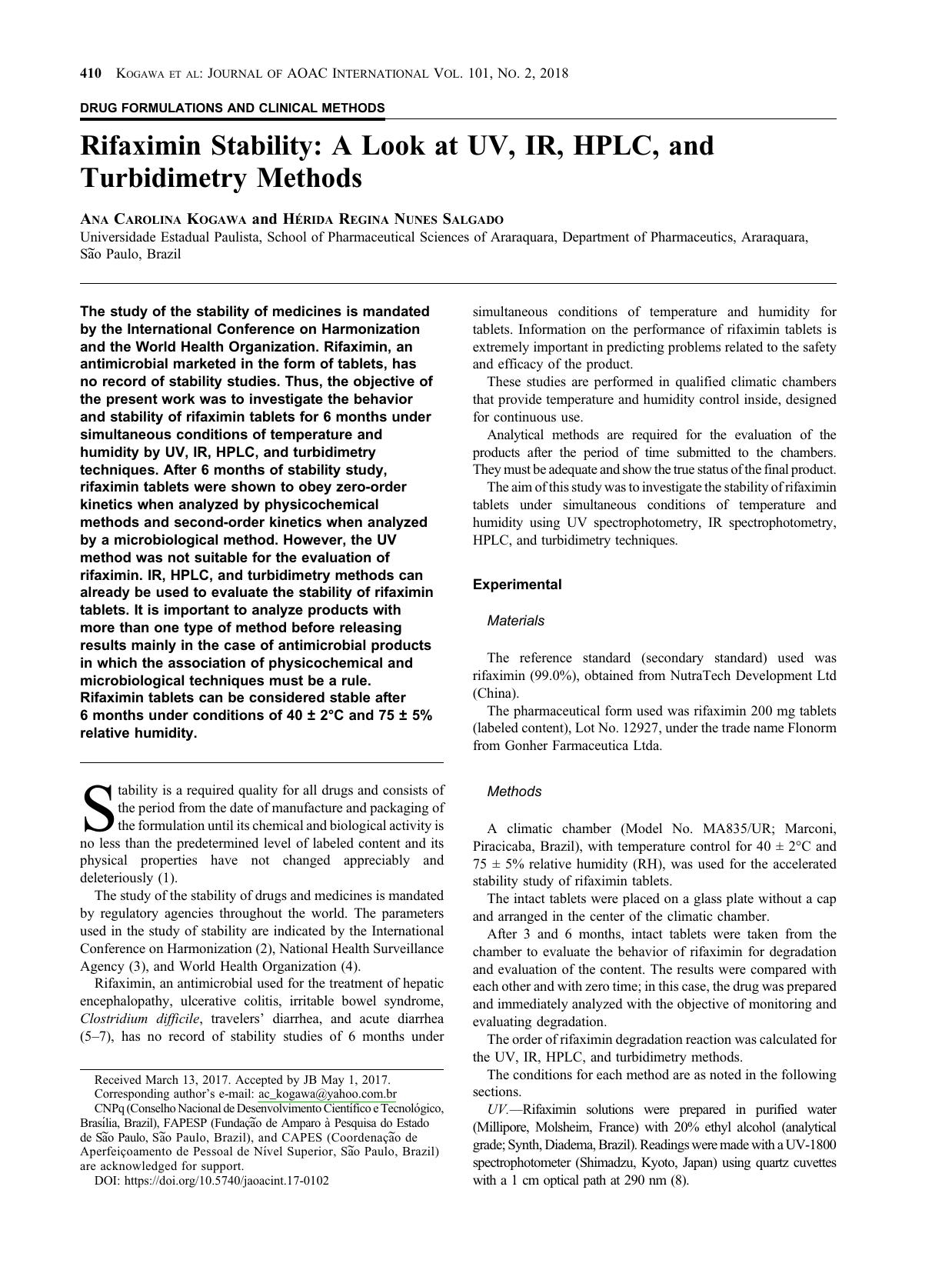 Rifaximin Stability: A Look at UV, IR, HPLC, and Turbidimetry Methods by Ana Carolina Kogawa ; H & eacute;rida Regina Nunes Salgado