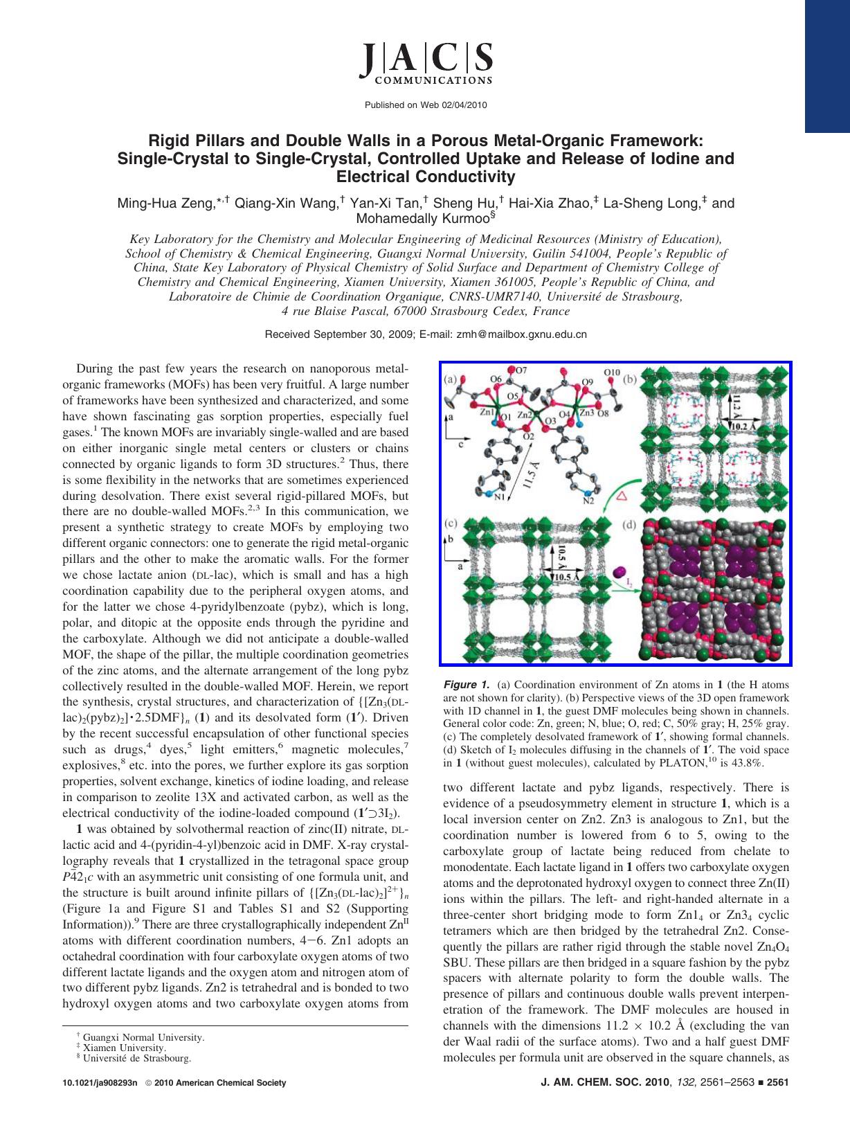 Rigid Pillars and Double Walls in a Porous Metal-Organic Framework: Single-Crystal to Single-Crystal, Controlled Uptake and Release of Iodine and Electrical Conductivity by Unknown