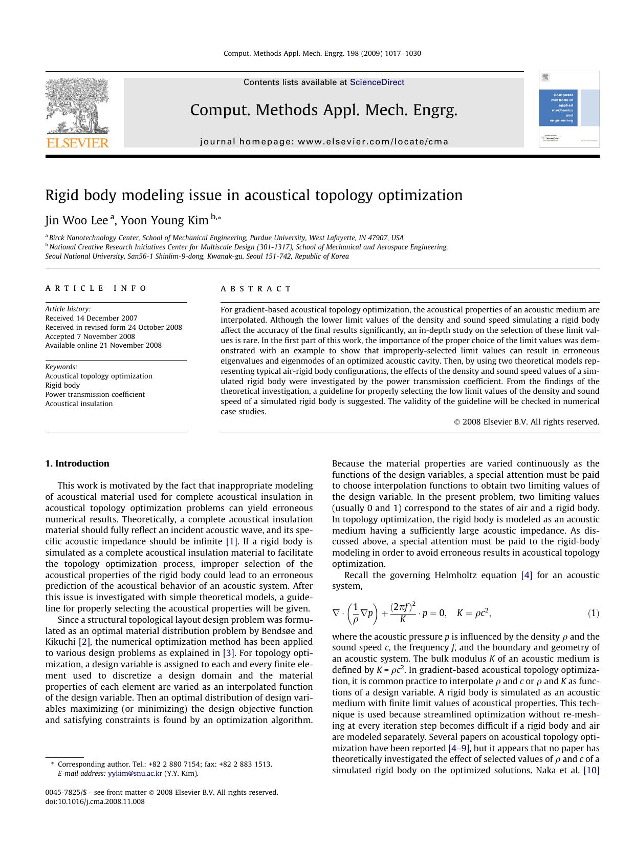 Rigid body modeling issue in acoustical topology optimization by Jin Woo Lee; Yoon Young Kim