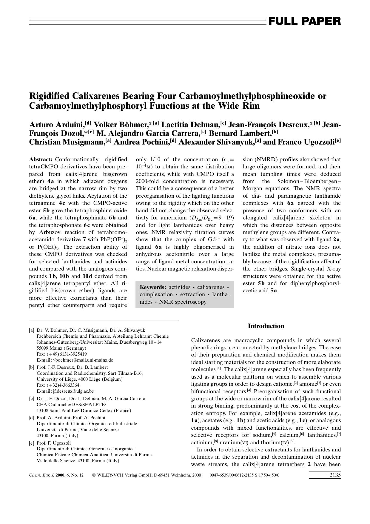 Rigidified Calixarenes Bearing Four Carbamoylmethylphosphineoxide or Carbamoylmethylphosphoryl Functions at the Wide Rim by Unknown
