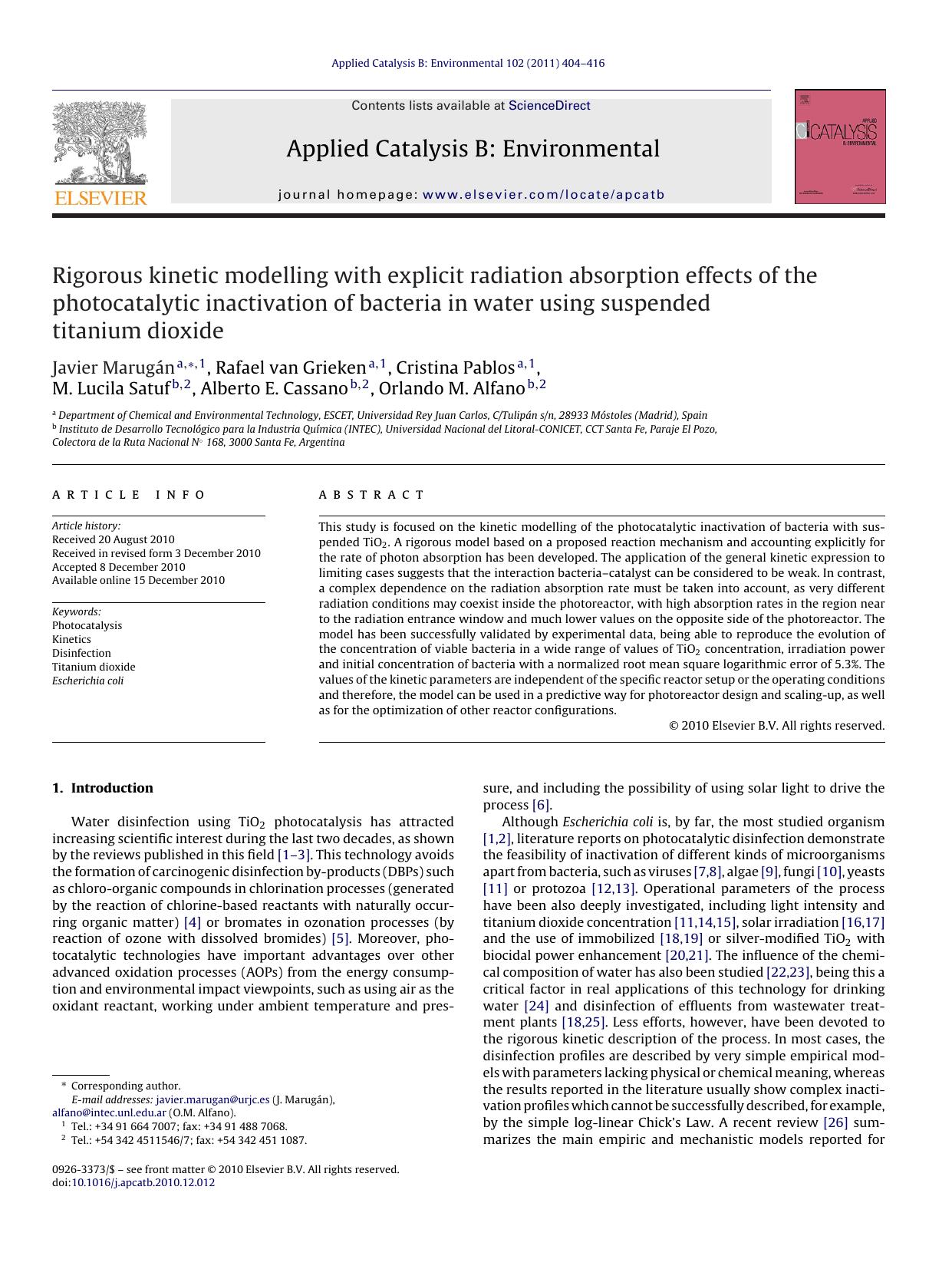 Rigorous kinetic modelling with explicit radiation absorption effects of the photocatalytic inactivation of bacteria in water using suspended titanium dioxide by Javier MarugÃ¡n