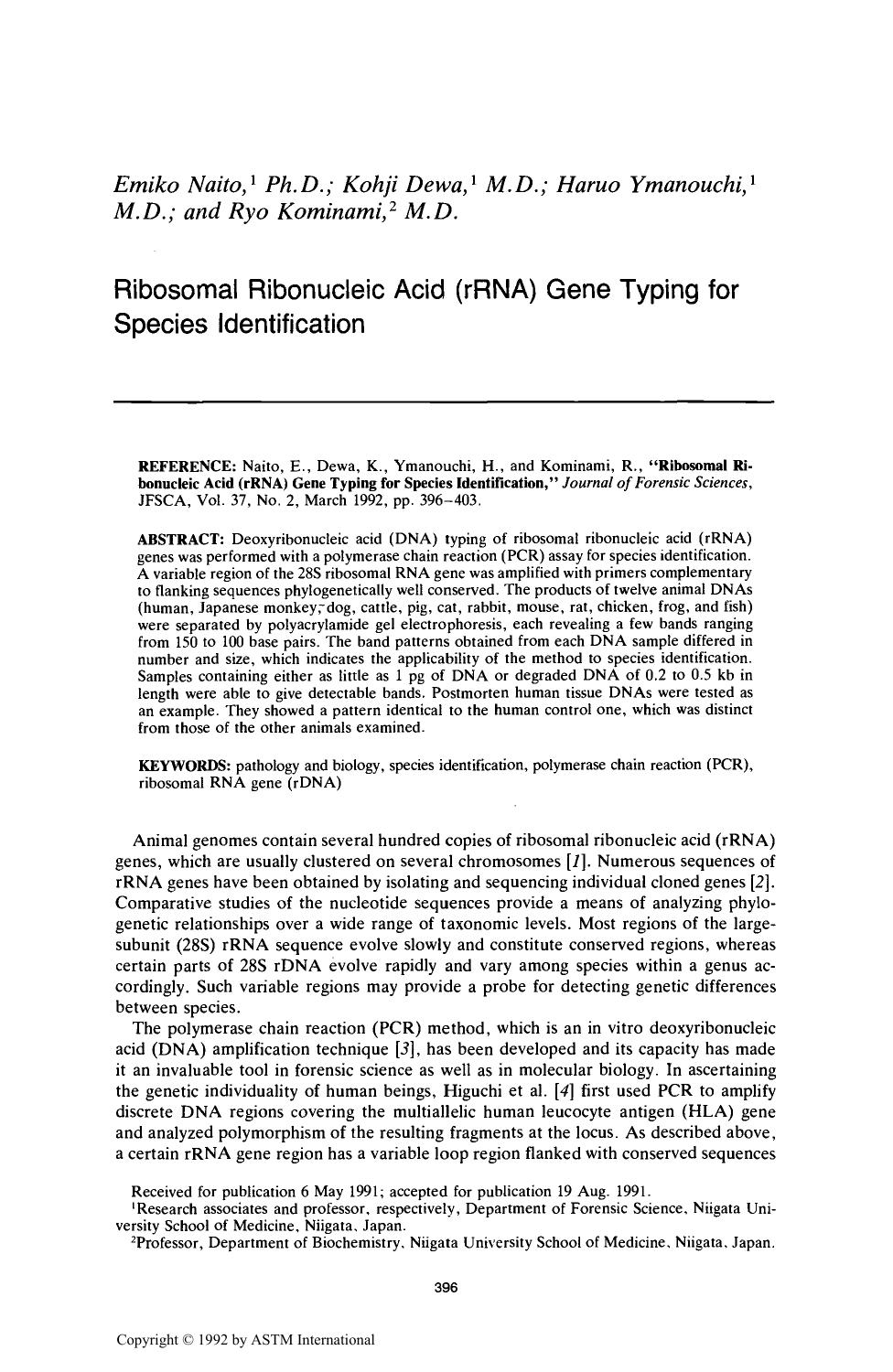 Rihosomal Ribonucleic Acid (rRNA) Gene Typing for Species Identification by Naito E Dewa K Ymanouchi H Kominami R