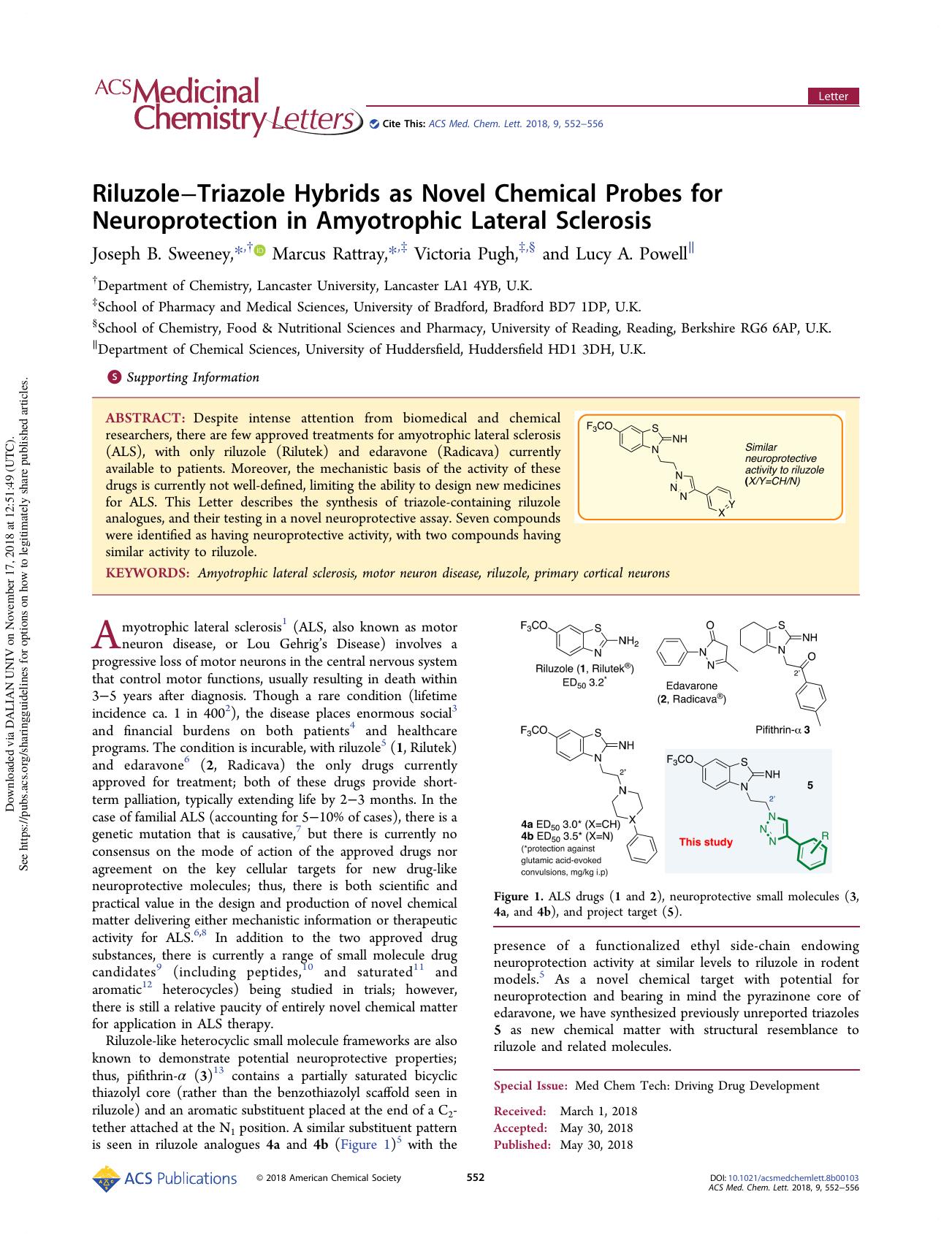 RiluzoleâTriazole Hybrids as Novel Chemical Probes for Neuroprotection in Amyotrophic Lateral Sclerosis by Joseph B. Sweeney & Marcus Rattray & Victoria Pugh & Lucy A. Powell