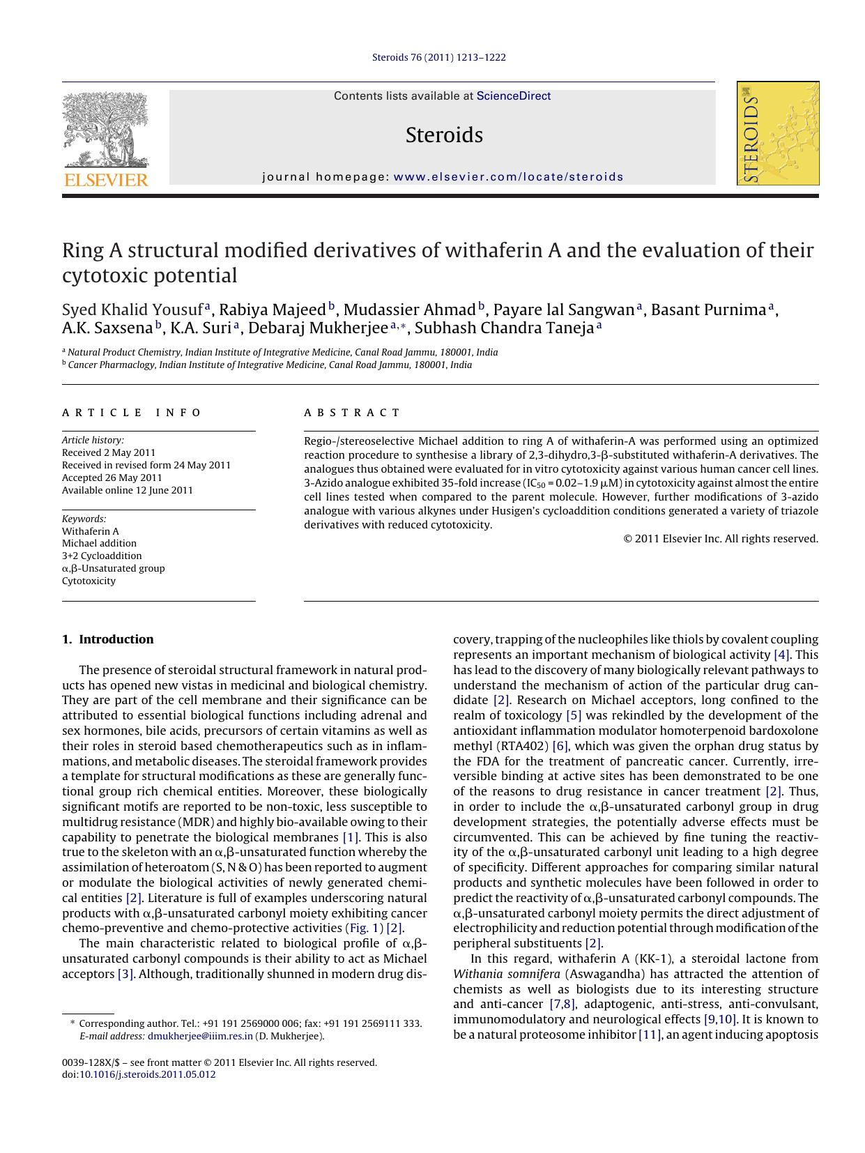 Ring A structural modified derivatives of withaferin A and the evaluation of their cytotoxic potential by Syed Khalid Yousuf