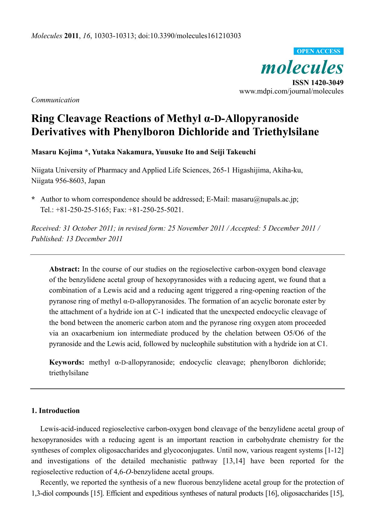Ring Cleavage Reactions of Methyl Î±-D-Allopyranoside Derivatives with Phenylboron Dichloride and Triethylsilane by Masaru Kojima & Yutaka Nakamura & Yuusuke Ito and Seiji Takeuchi