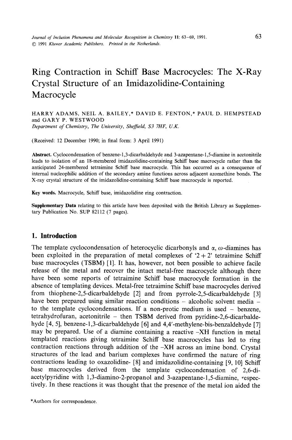 Ring contraction in schiff base macrocycles: The X-Ray crystal structure of an imidazolidine-containing macrocycle by Unknown
