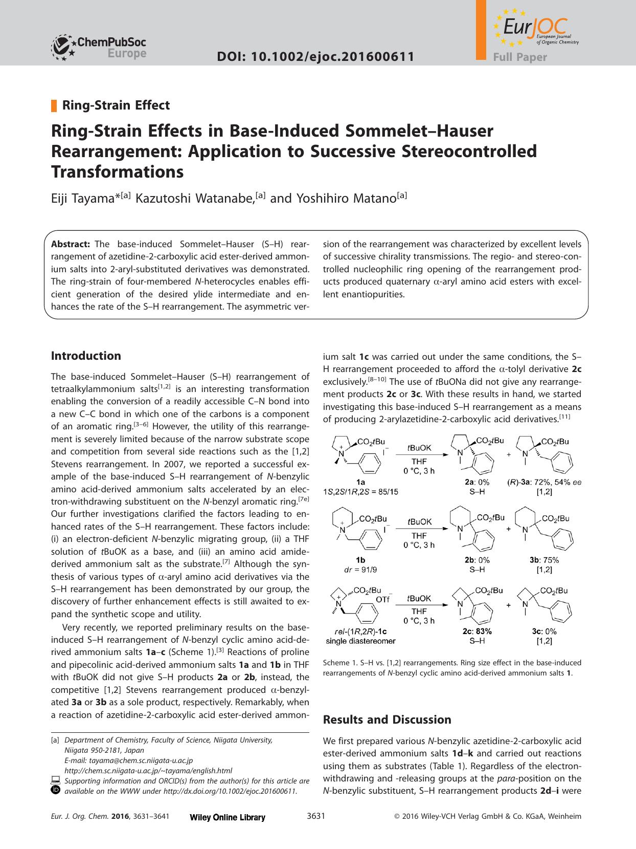 Ring‐Strain Effects in Base‐Induced Sommelet–Hauser Rearrangement: Application to Successive Stereocontrolled Transformations by Unknown