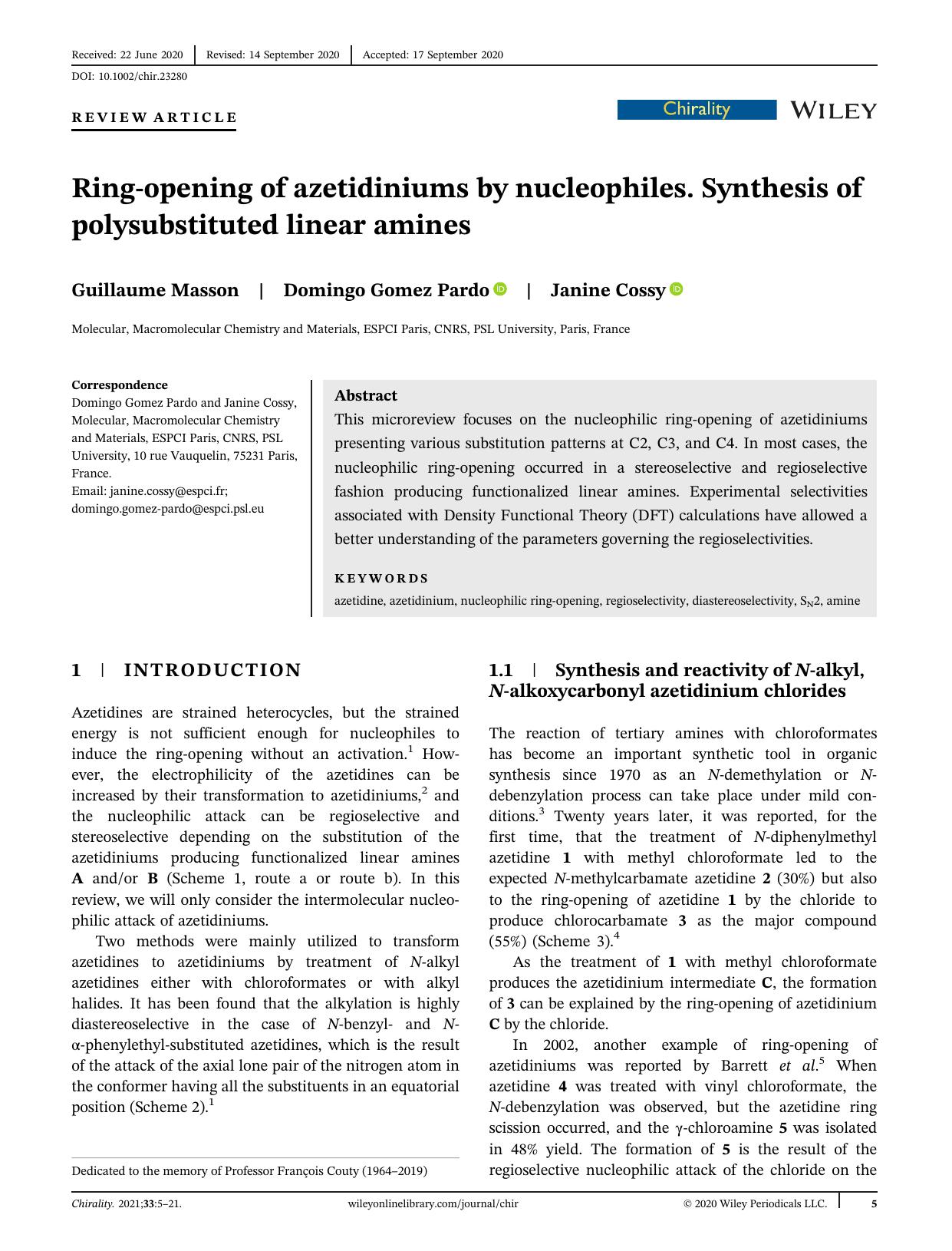 Ringâopening of azetidiniums by nucleophiles. Synthesis of polysubstituted linear amines by Guillaume Masson Domingo Gomez Pardo Janine Cossy