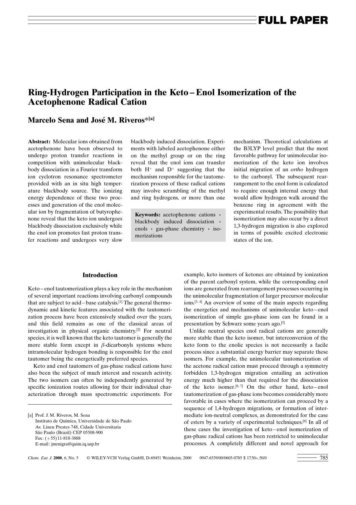 Ring-Hydrogen Participation in the Keto-Enol Isomerization of the Acetophenone Radical Cation by Unknown