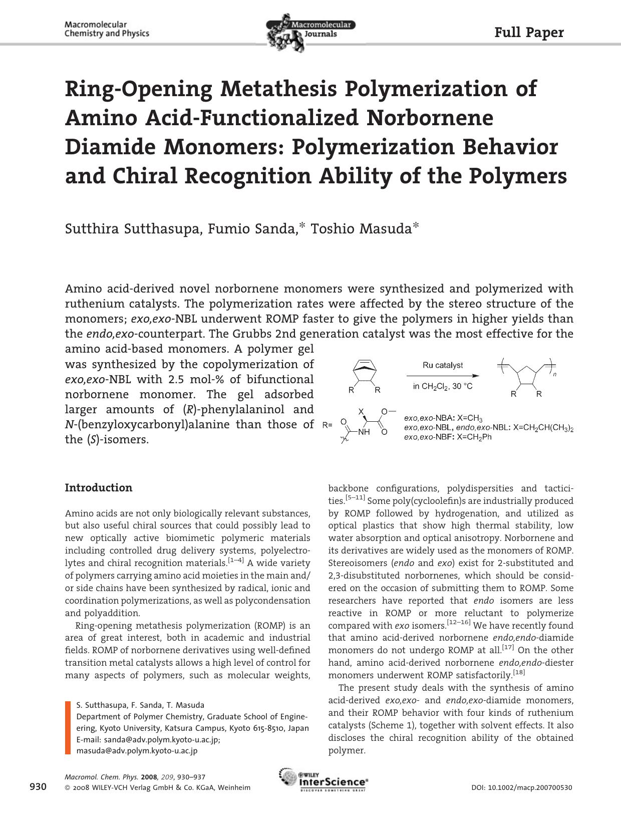 Ring-Opening Metathesis Polymerization of Amino Acid-Functionalized Norbornene Diamide Monomers: Polymerization Behavior and Chiral Recognition Ability of the Polymers by Unknown
