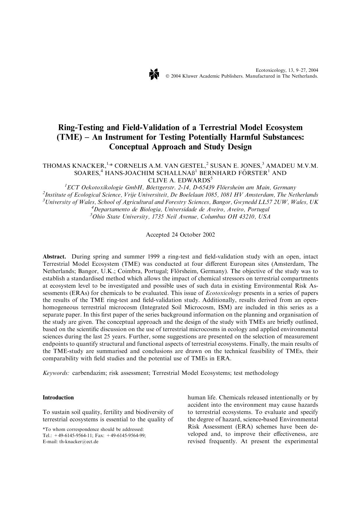Ring-Testing and Field-Validation of a Terrestrial Model Ecosystem (TME) &#x2013; An Instrument for Testing Potentially Harmful Substances: Conceptual Approach and Study Design by Unknown