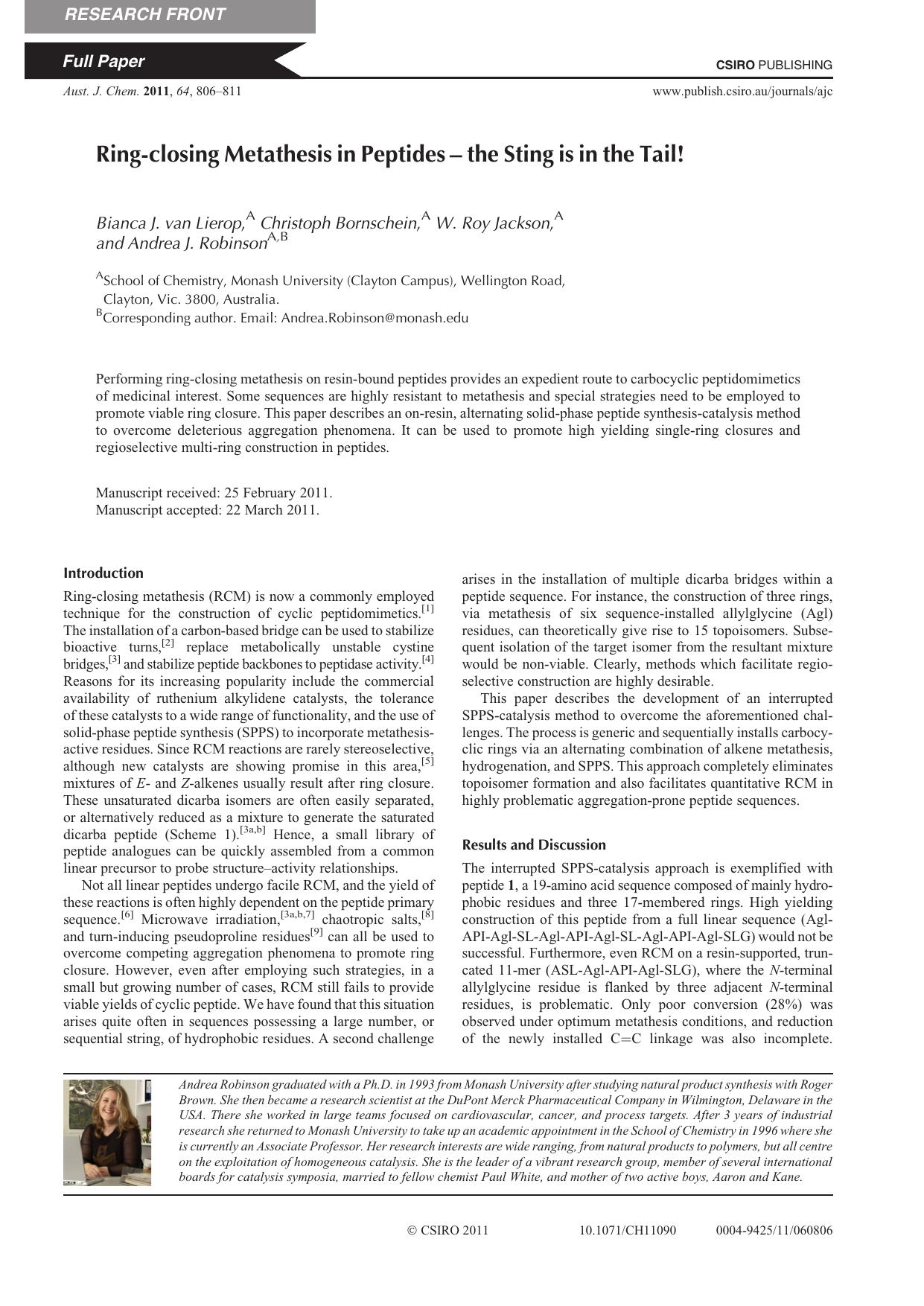 Ring-closing Metathesis in Peptides - the Sting is in the Tail! by B. J. van Lierop et al