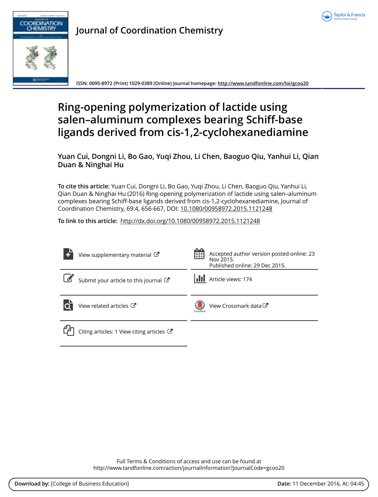 Ring-opening polymerization of lactide using salenâ aluminum complexes bearing Schiff-base ligands derived from cis-1,2-cyclohexanediamine by unknow