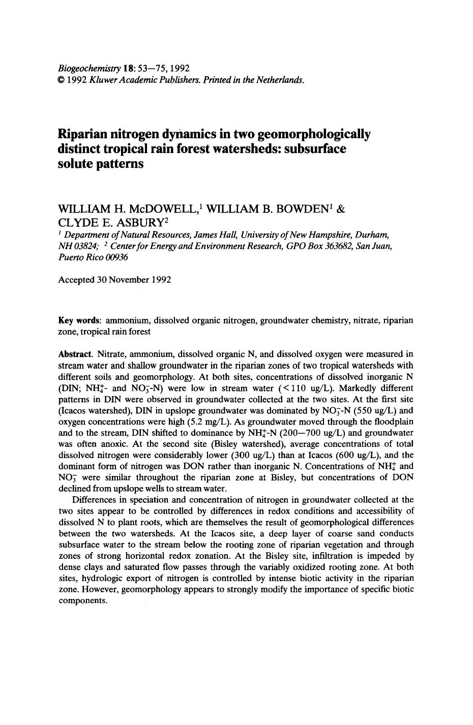 Riparian nitrogen dynamics in two geomorphologically distinct tropical rain forest watersheds: subsurface solute patterns by Unknown
