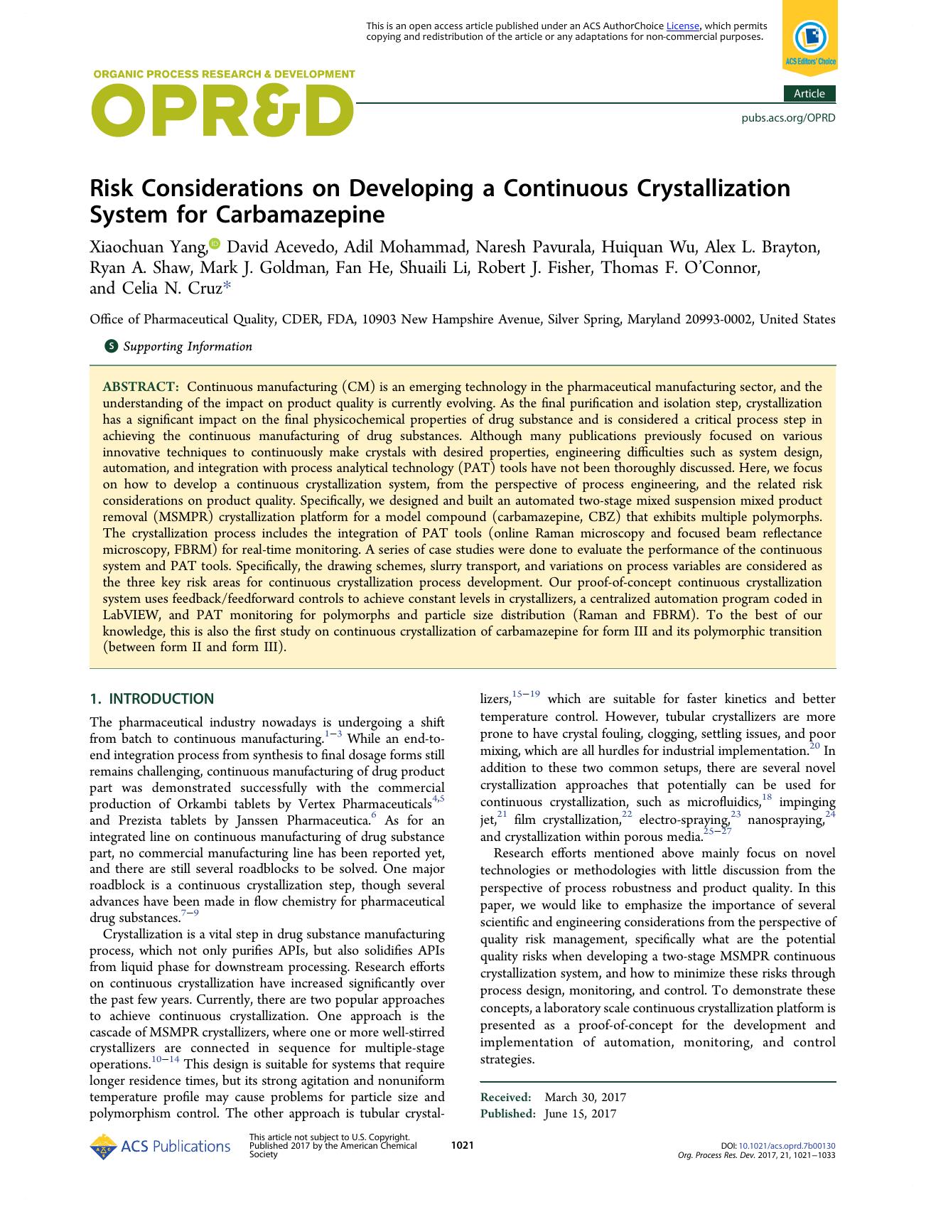 Risk Considerations on Developing a Continuous Crystallization System for Carbamazepine by unknow