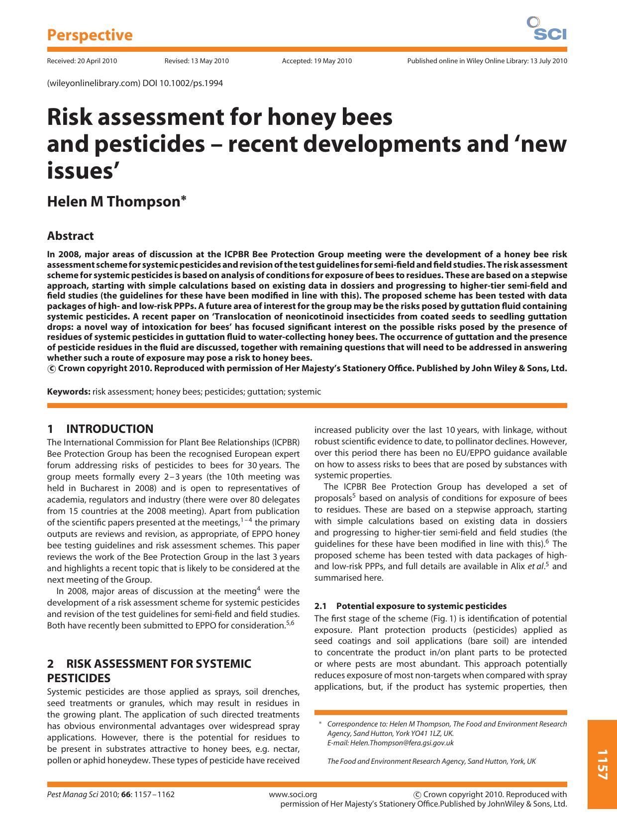 Risk assessment for honey bees and pesticidesrecent developments and new issues by Unknown