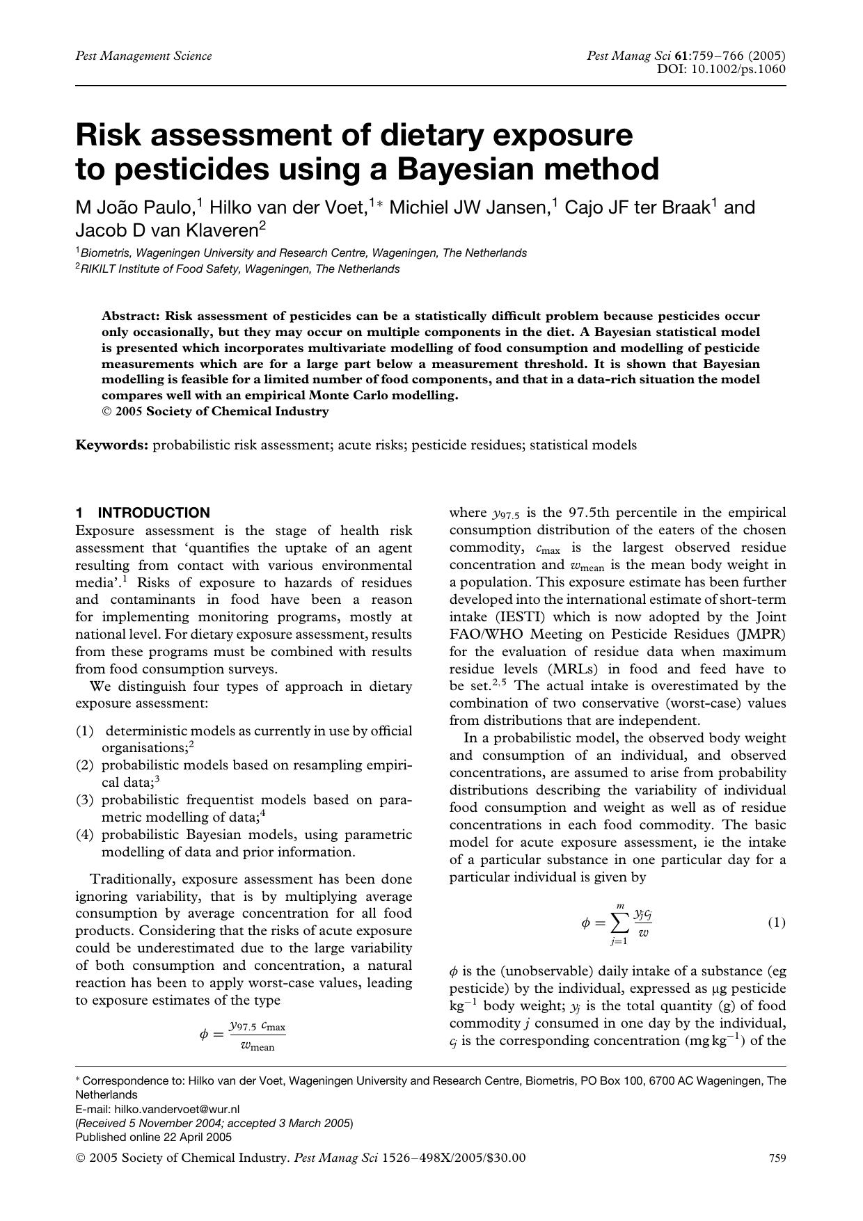 Risk assessment of dietary exposure to pesticides using a Bayesian method by Unknown