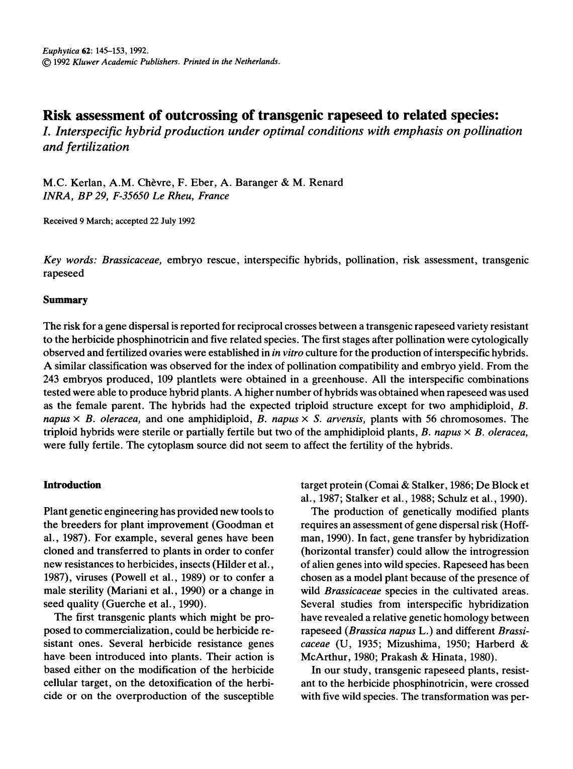 Risk assessment of outcrossing of transgenic rapessed to related species: by Unknown
