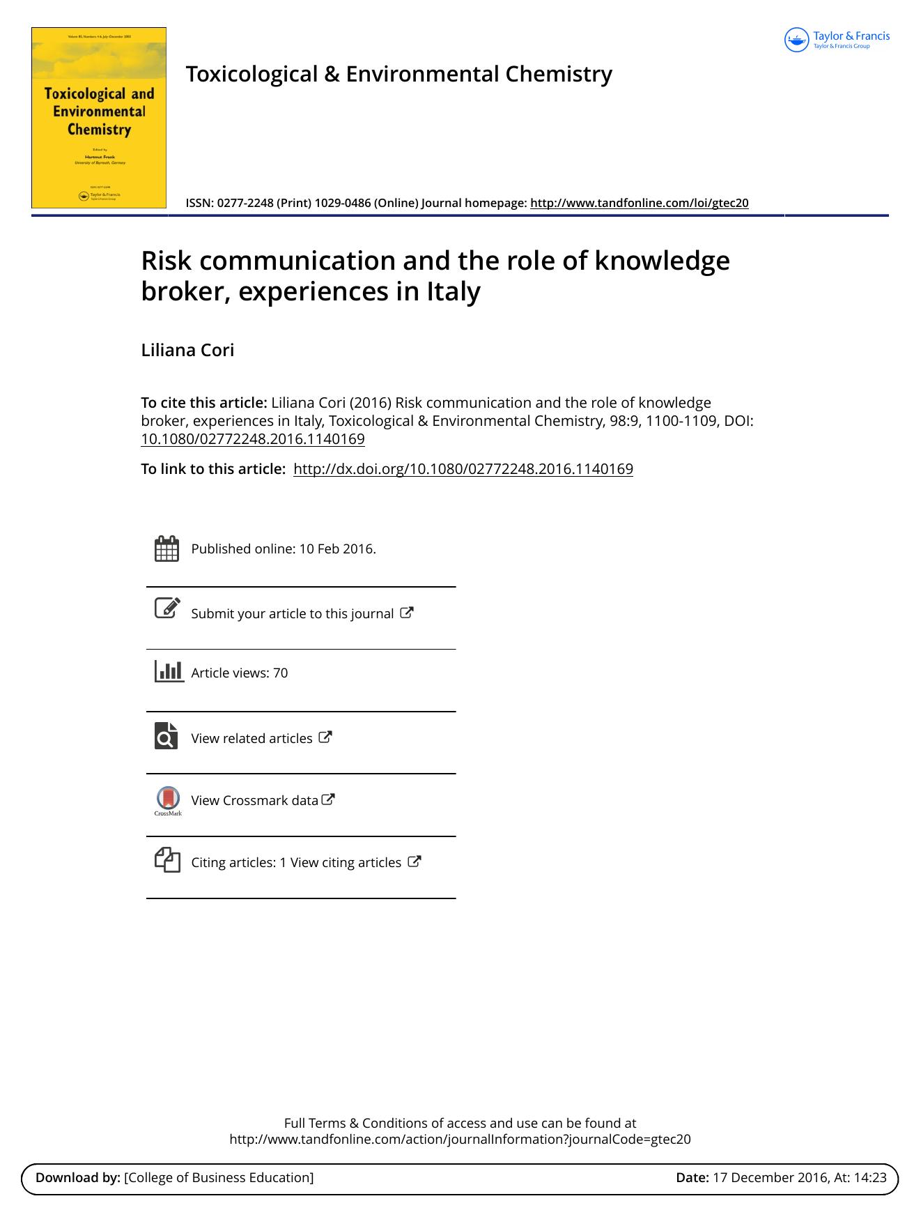 Risk communication and the role of knowledge broker, experiences in Italy by Liliana Cori