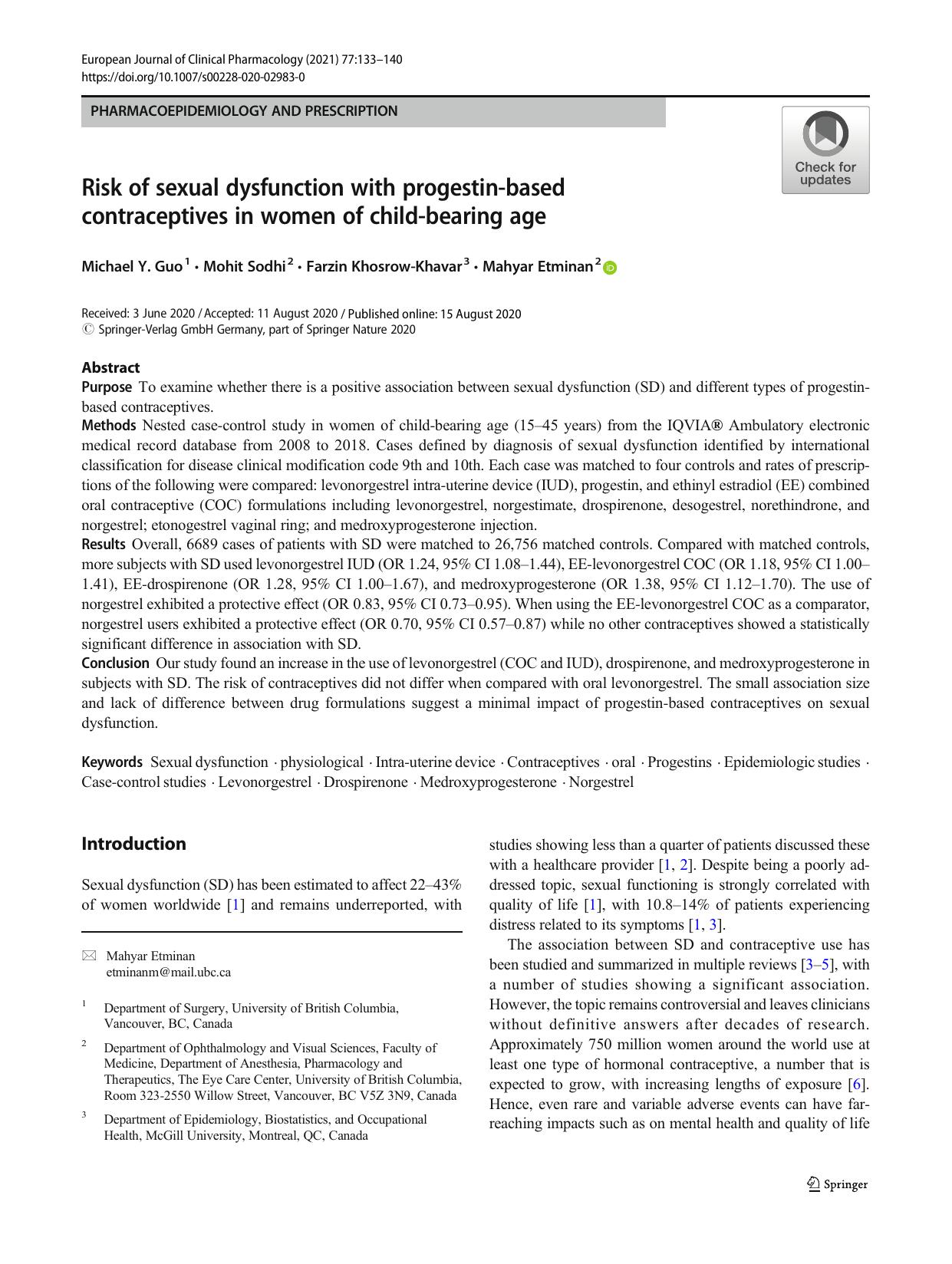 Risk of sexual dysfunction with progestin-based contraceptives in women of child-bearing age by Michael Y. Guo & Mohit Sodhi & Farzin Khosrow-Khavar & Mahyar Etminan