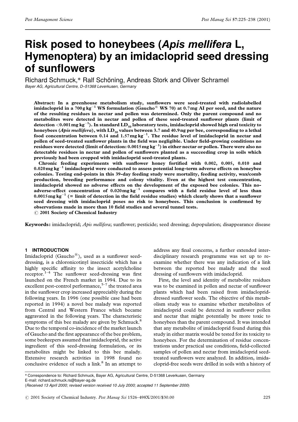 Risk posed to honeybees (Apis mellifera L, Hymenoptera) by an imidacloprid seed dressing of sunflowers by Unknown