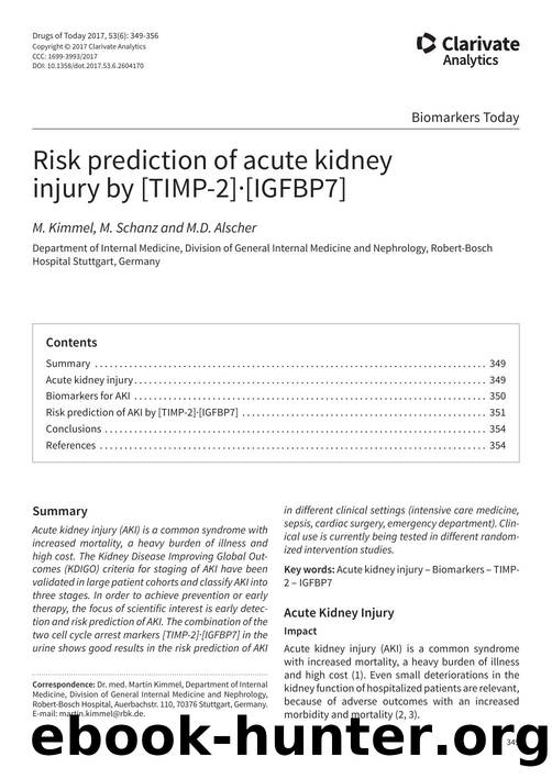 Risk prediction of acute kidney injury by [TIMP-2]â¢[IGFBP7] by Copyright © 2017 Clarivate Analytics