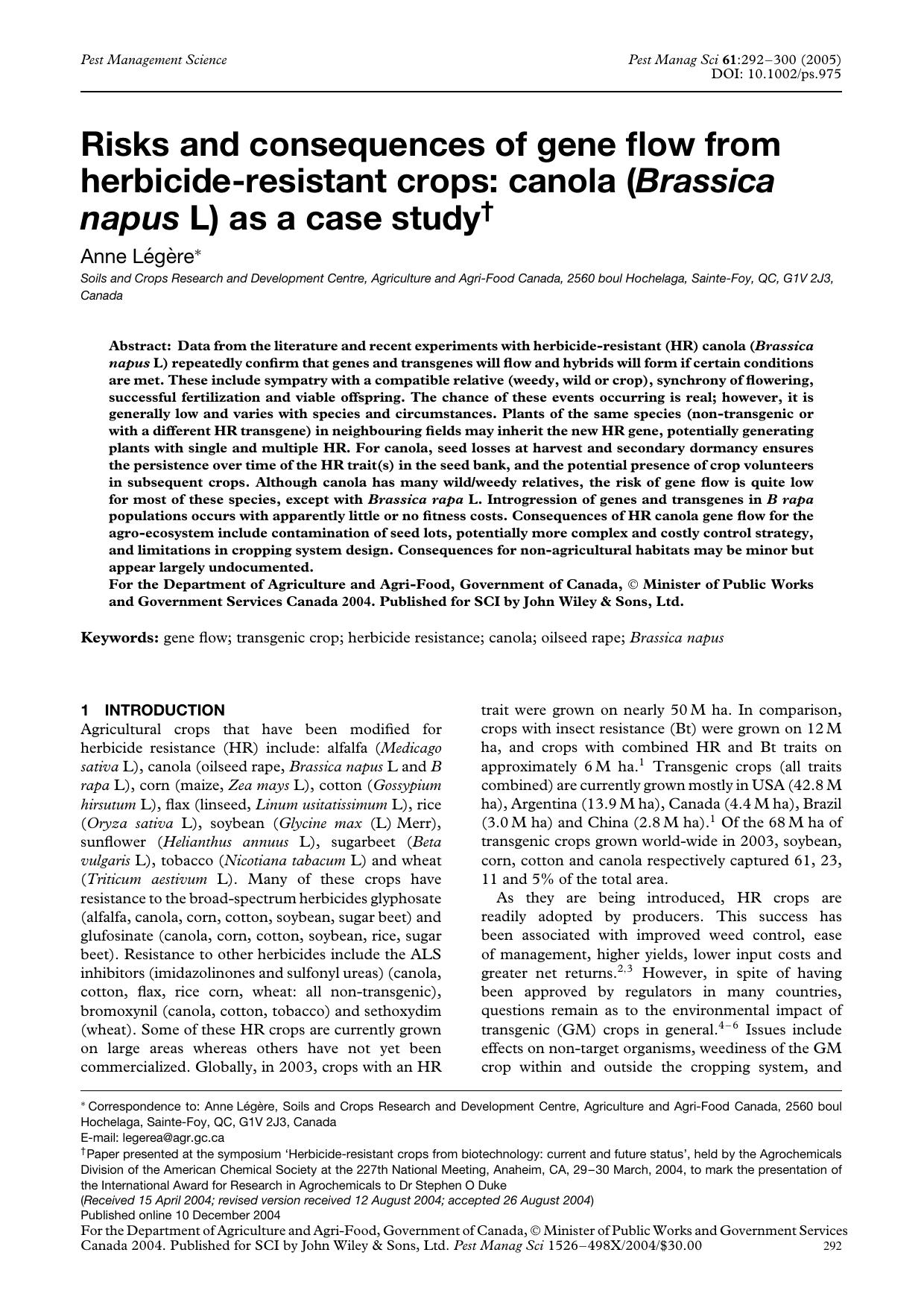 Risks and consequences of gene flow from herbicide-resistant crops: canola (Brassica napus L) as a case study by Unknown