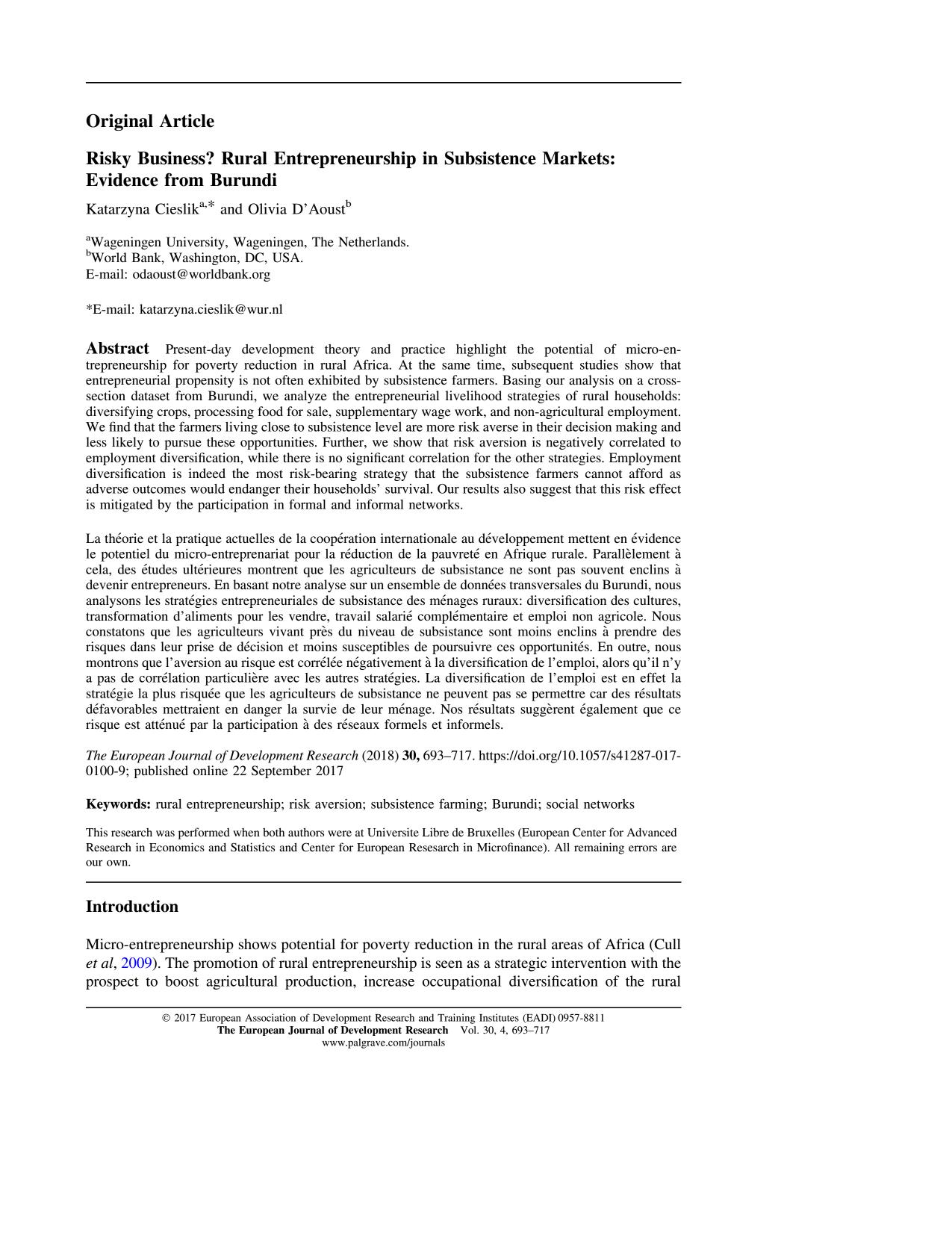 Risky Business? Rural Entrepreneurship in Subsistence Markets: Evidence from Burundi.pdf by Katarzyna Cieslik Olivia D’Aoust
