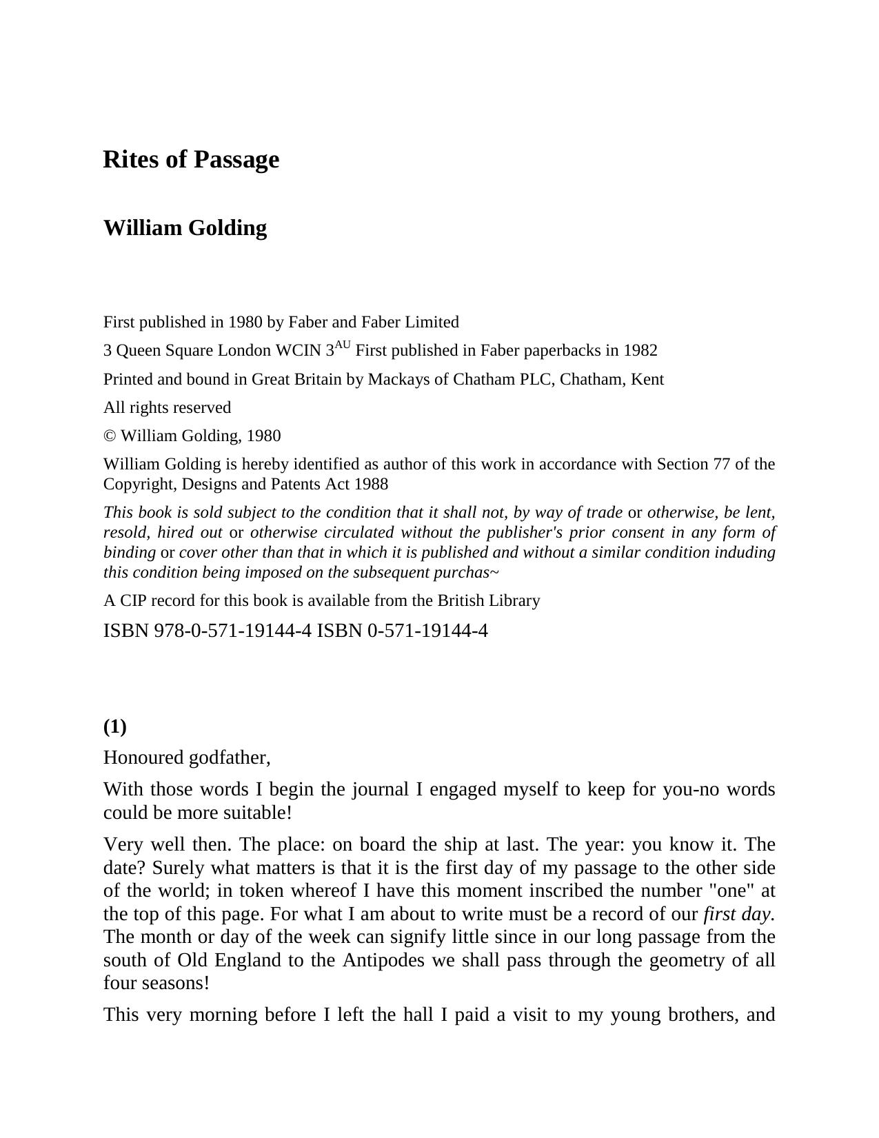 Rites of Passage by William Golding