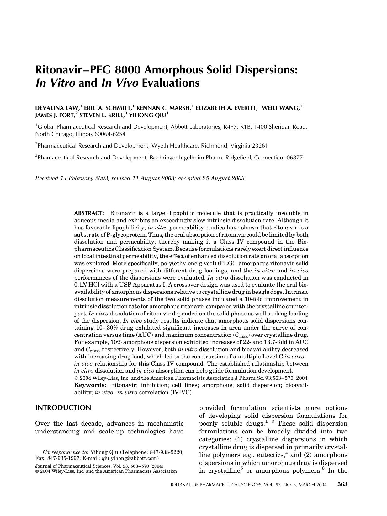 Ritonavir-PEG 8000 amorphous solid dispersions: In vitro and in vivo evaluations by Unknown