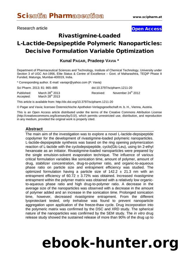 Rivastigmine-Loaded L-Lactide-Depsipeptide Polymeric Nanoparticles: Decisive Formulation Variable Optimization by Kunal PAGAR Pradeep VAVIA
