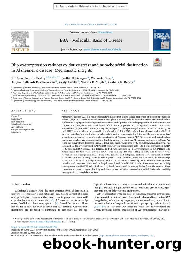 Rlip overexpression reduces oxidative stress and mitochondrial dysfunction in Alzheimer's disease: Mechanistic insights by unknow