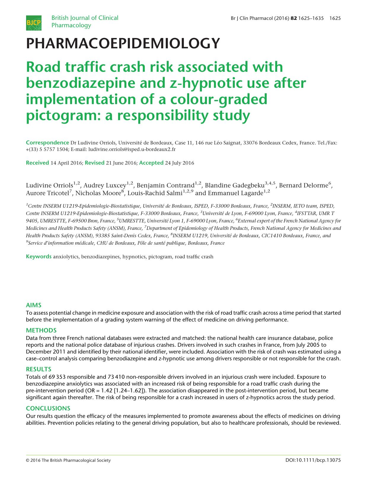 Road traffic crash risk associated with benzodiazepine and z-hypnotic use after implementation of a colour-graded pictogram: a responsibility study by unknow