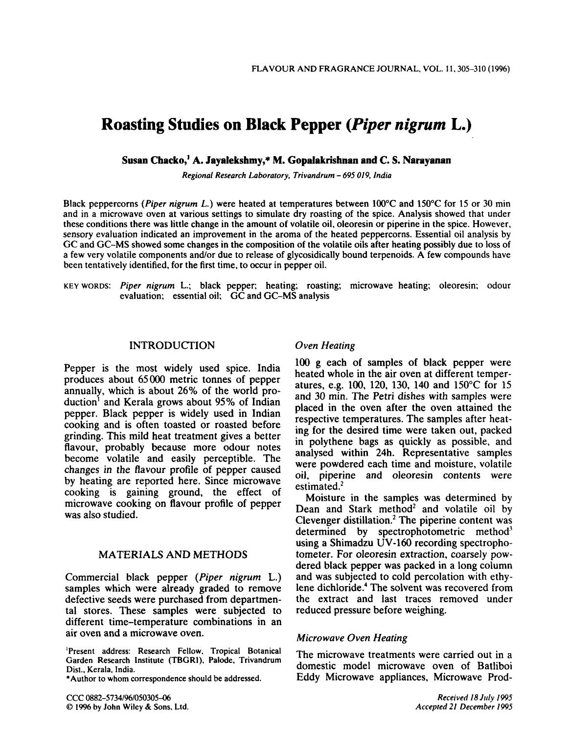 Roasting Studies on Black Pepper (Piper nigrum L.) by Unknown