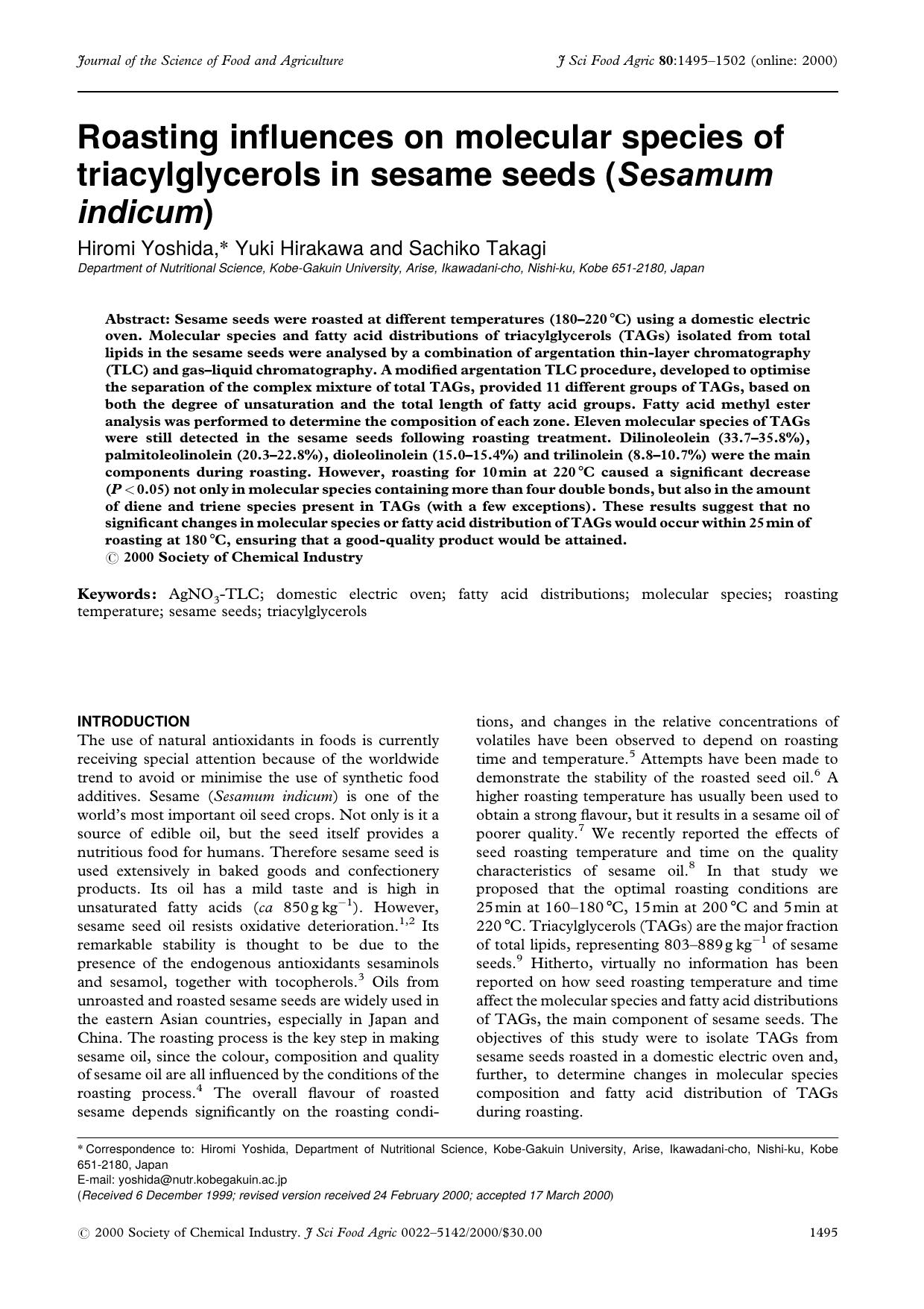 Roasting influences on molecular species of triacylglycerols in sesame seeds (Sesamum indicum) by Unknown