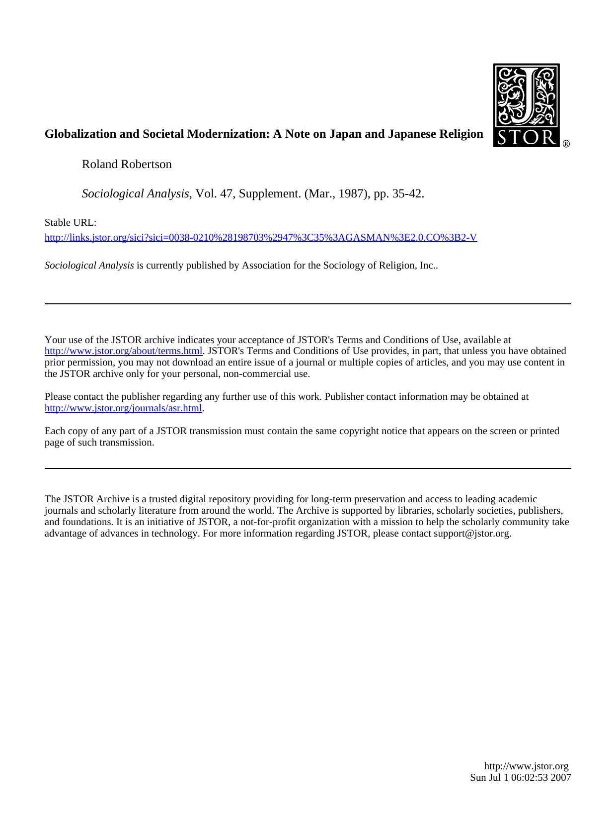 Robertson - Globalization and Societal Modernization by A Note on Japan & Japanese Religion