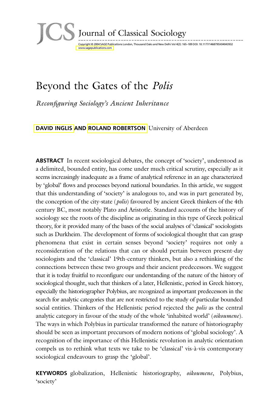Robertson and Inglis - Beyond the Gates of the Polis by Reconfiguring Sociology’s Ancient I