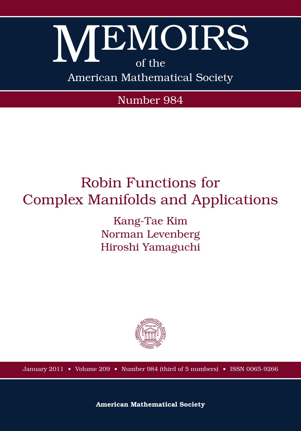Robin Functions for Complex Manifolds and Applications (Memoirs of the American Mathematical Society) by Kang-Tae Kim